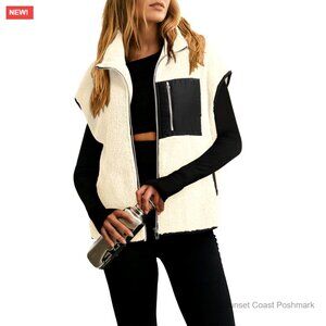 Plush Sherpa Fleece Vest with Zip Up Stand Collar and Pockets